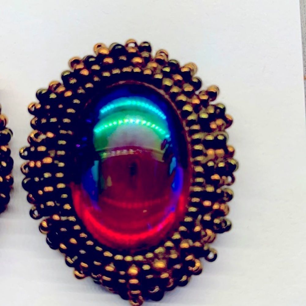 -Vintage red European iridescent glass w/ ox gold beaded earrings pierced art